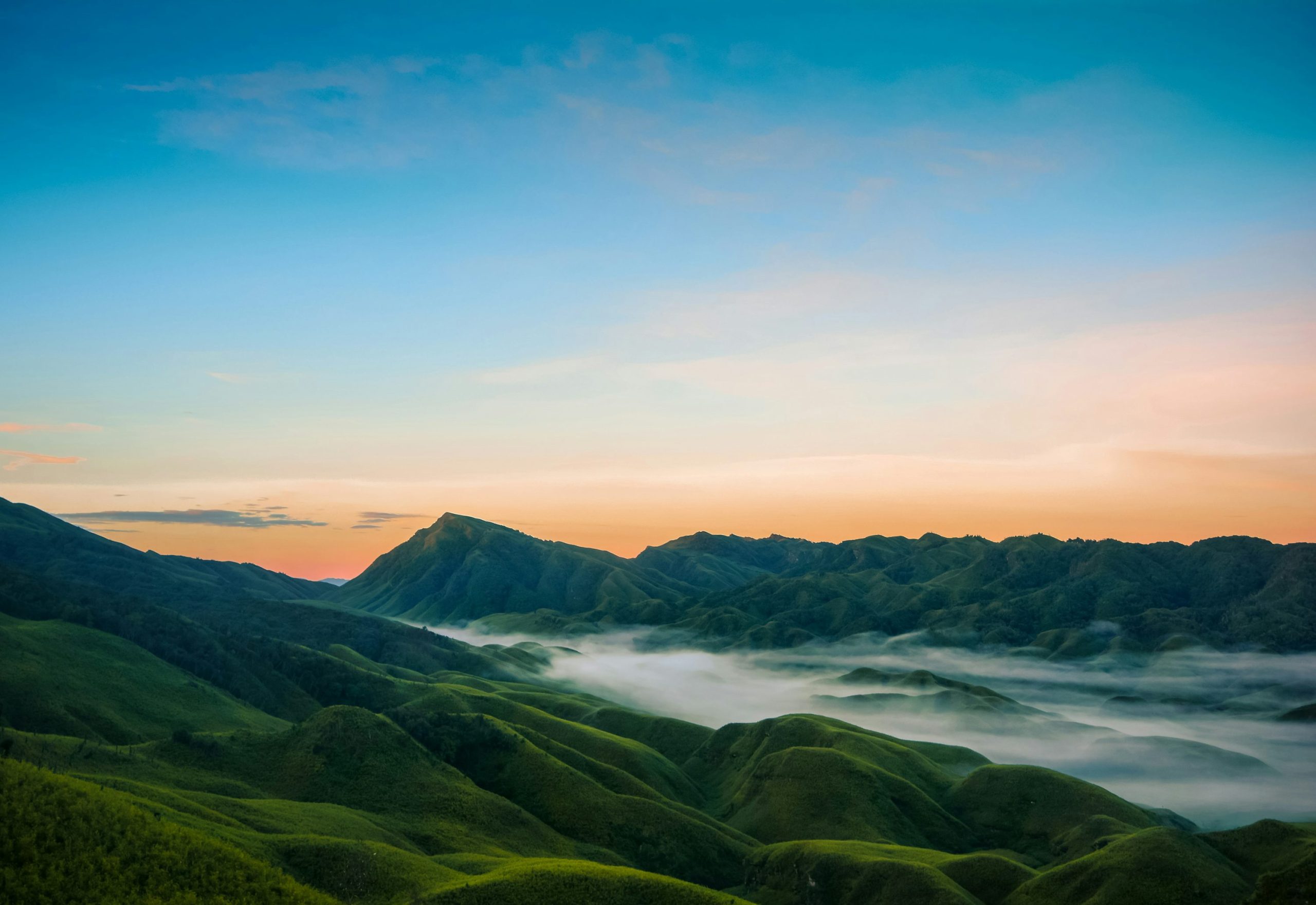 Trekker standing on a cliff edge overlooking cloud-covered green hills in Dzükou Valley, Nagaland